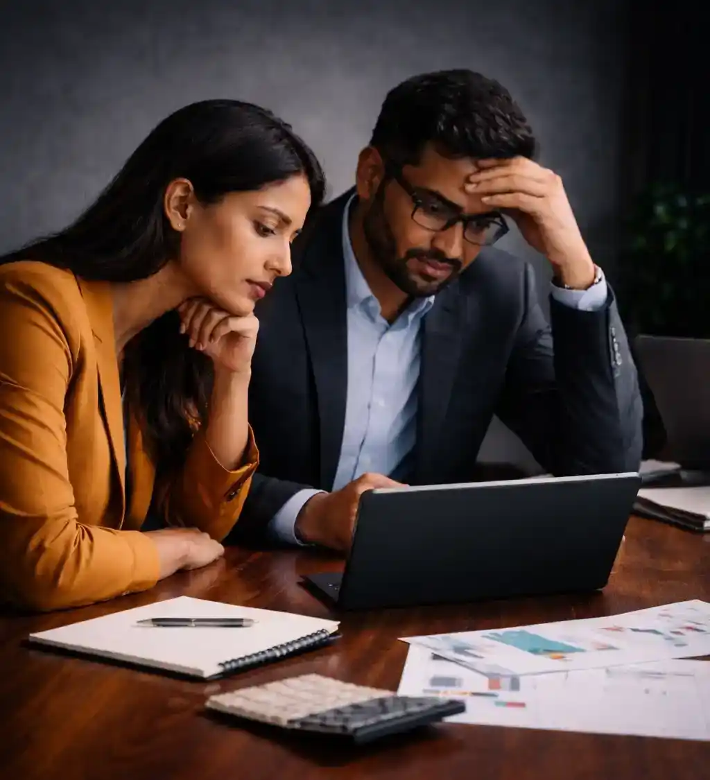 ERP challenges: professionals analyzing business data on a laptop.