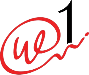 Artistic we-1-logo featuring a red stylized "we" script connected to a black number 1.