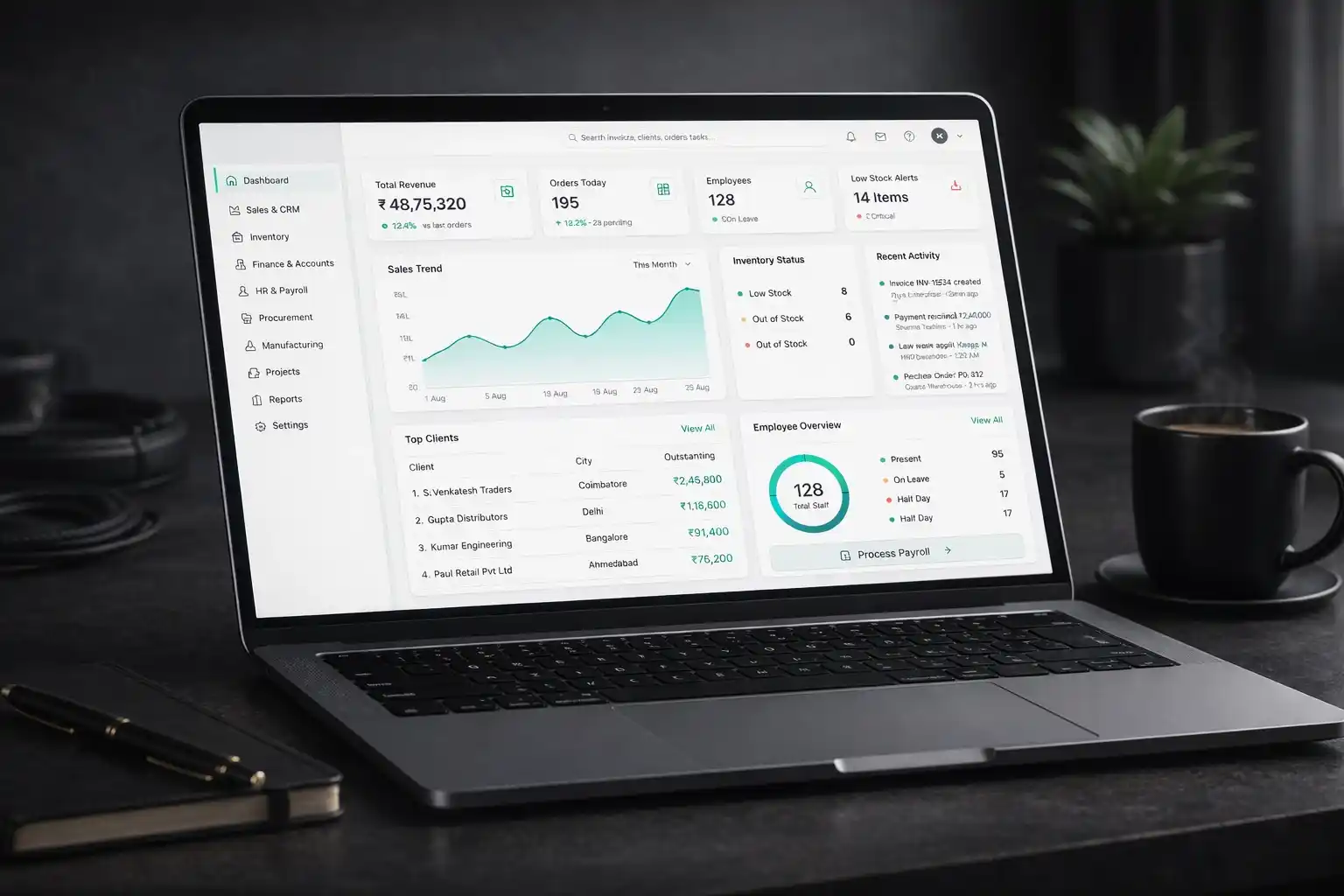 A modern laptop showing an enterprise-erp-dashboard with comprehensive modules for finance, HRM, and real-time business operations tracking.