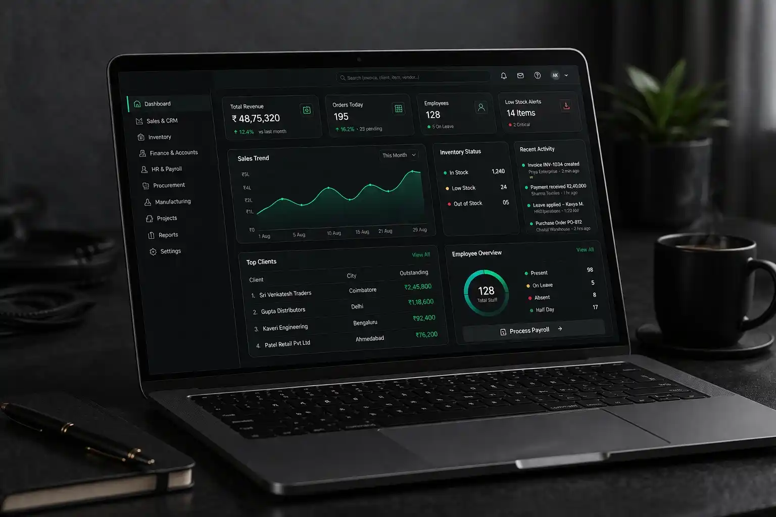 High-resolution laptop screen featuring an erp-dashboard-dark theme with glowing data charts, performance metrics, and a professional layout.