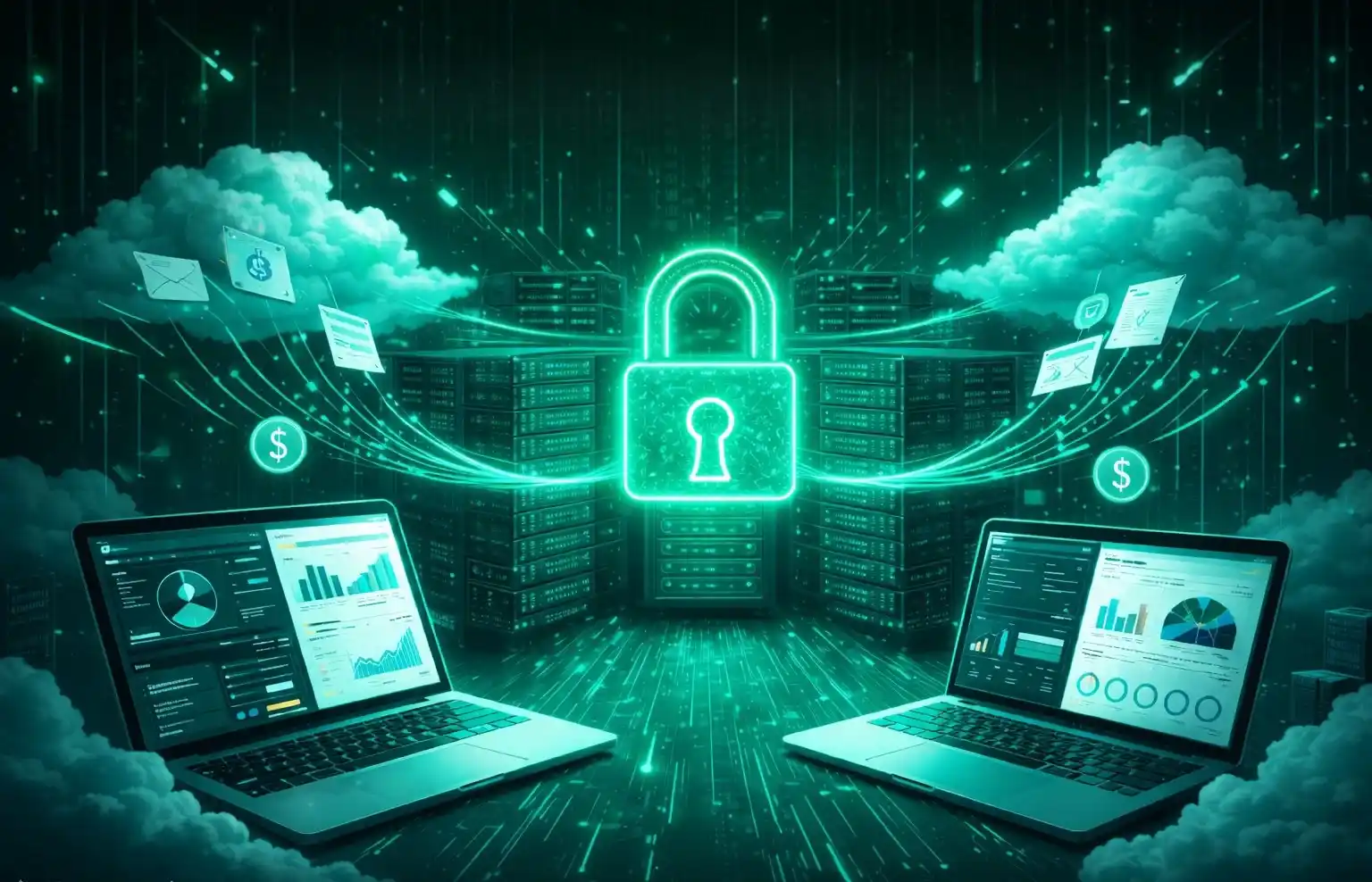 Digital visualization of b2b-crm-software with a glowing padlock icon between two laptops, emphasizing secure enterprise data exchange.