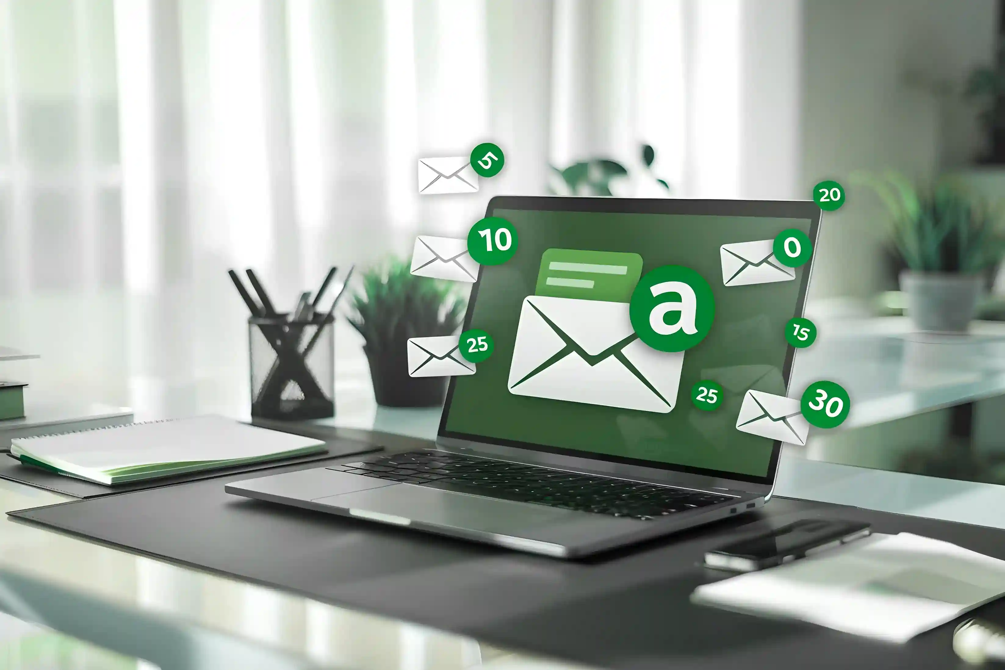 Laptop displaying a campaign-email-marketing module with floating email icons, representing automated customer outreach and engagement.