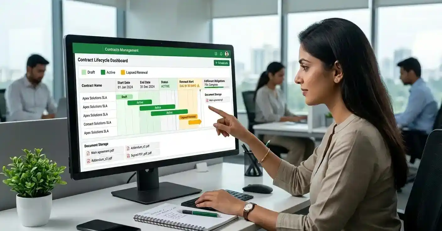 Professional reviewing a contract-management interface on a desktop, tracking legal documents and project timelines in a bright office.