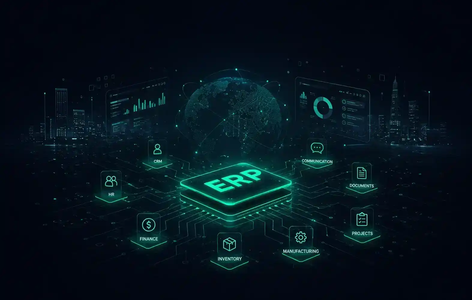 Digital visualization of end-to-end-erp-solutions featuring a central core connected to various global business and data modules.