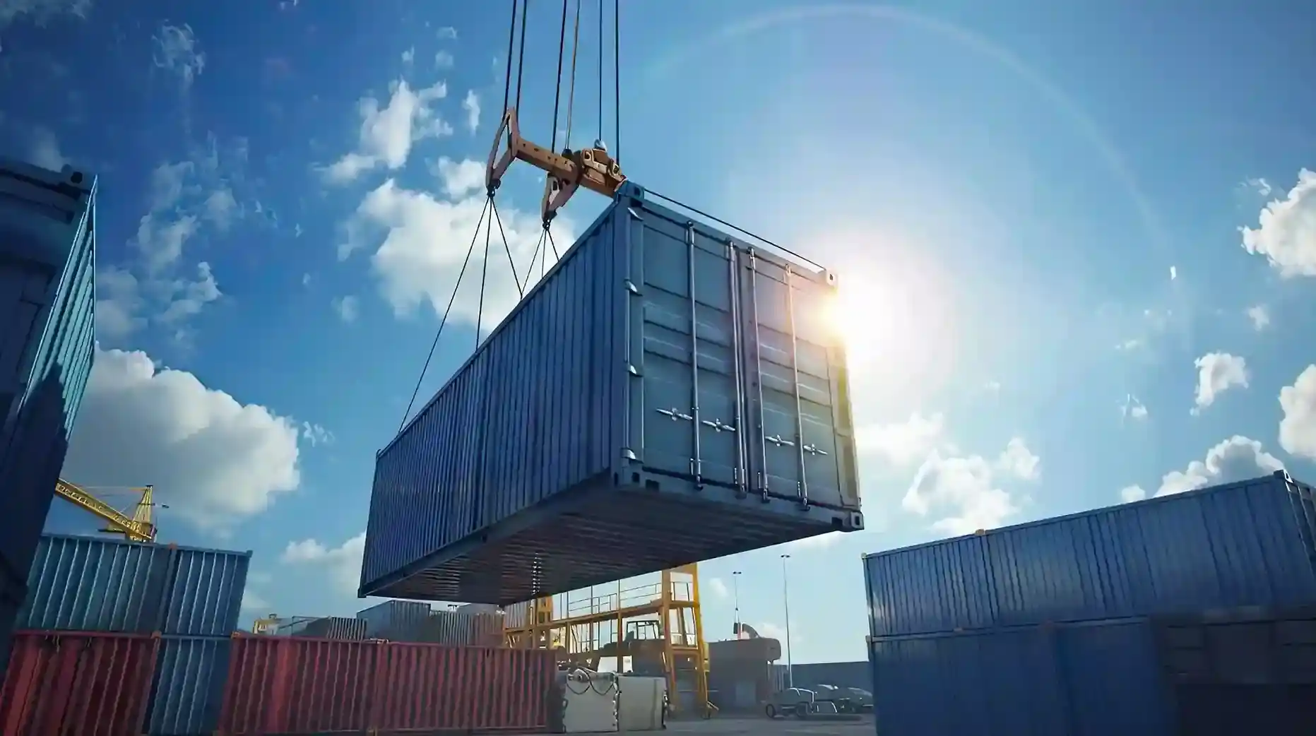 A shipping container being lifted by a crane at a busy port, symbolizing the complex logistics and supply chain operations managed by ERP.