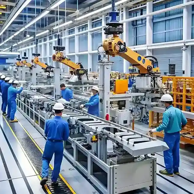 An automated factory floor with robotic arms and workers, representing modern manufacturing processes integrated with smart software.
