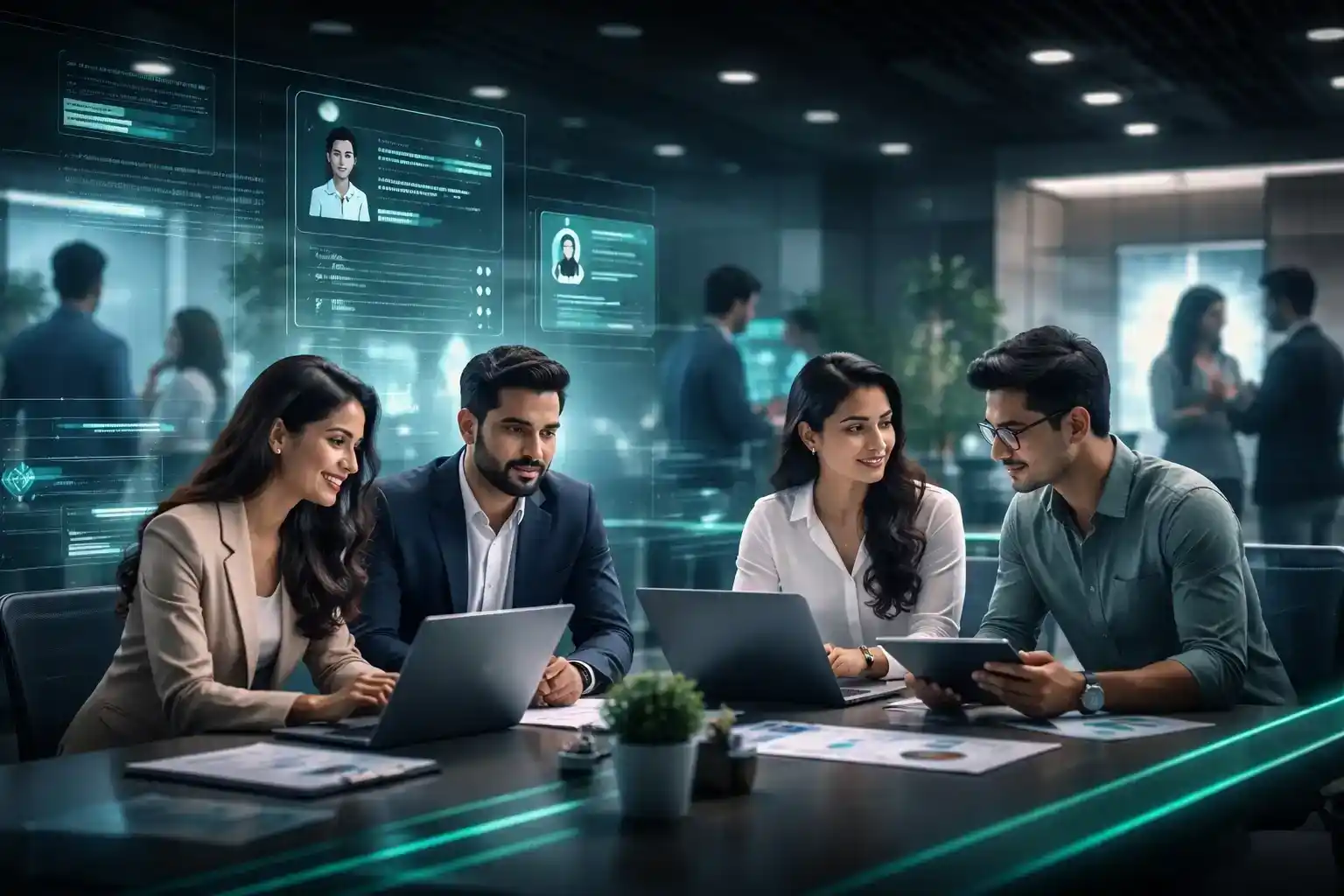 Managers collaborating and analyzing employee data using HR software in a modern digital workspace.