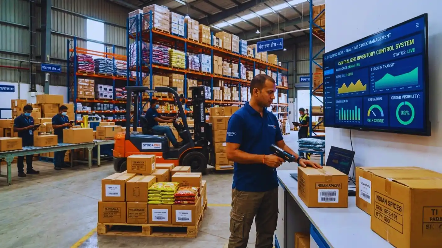 A warehouse worker uses an equipment-barcode-tracking-system to scan boxes while real-time inventory levels update on a nearby digital monitor.