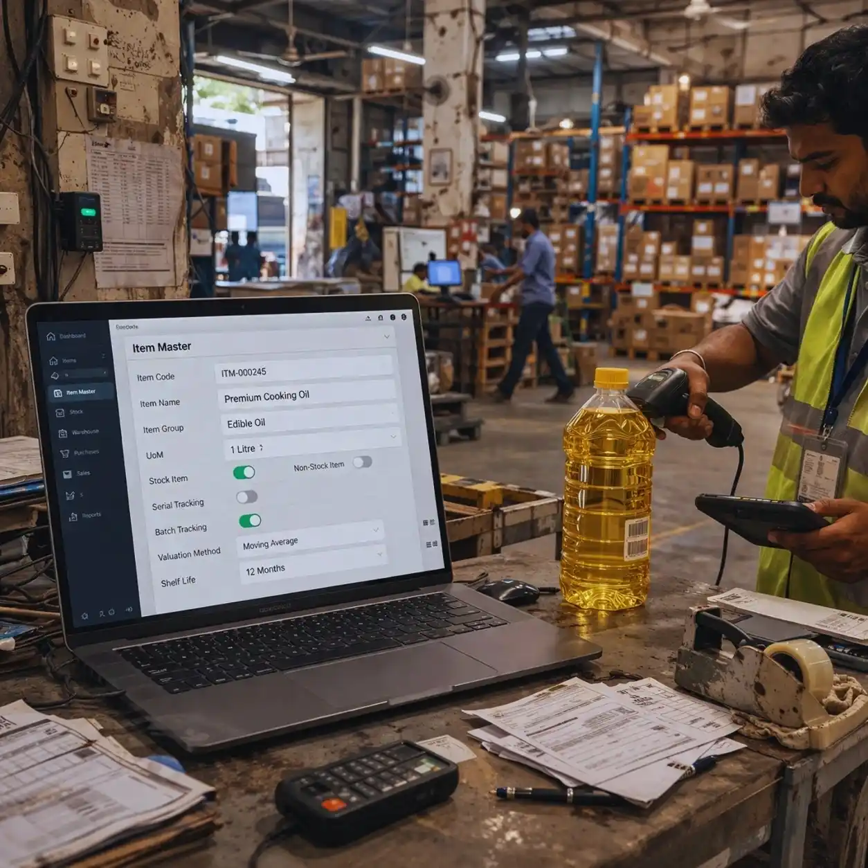 Laptop displaying an erp-inventory-module with professional data forms for stock entry, used by staff within a busy industrial warehouse setting.