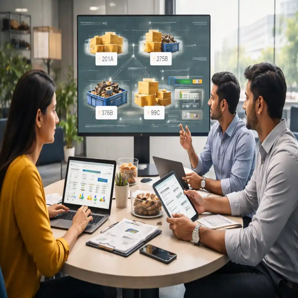 A corporate team collaborates around a table using an inventory-tracking-system to analyze global supply chain metrics and logistics data.