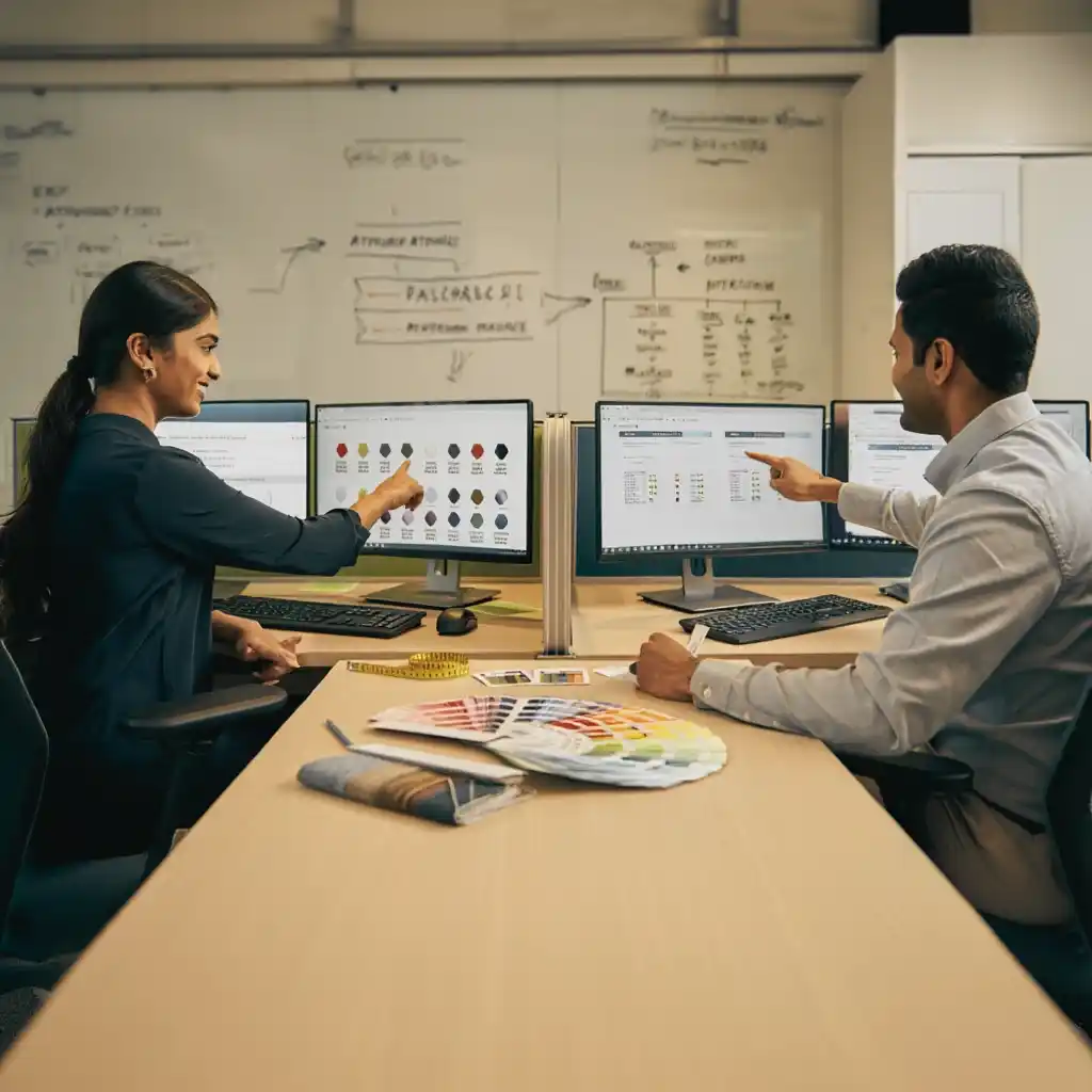 Office professionals reviewing an online-stock-management-system across multiple monitors to ensure seamless coordination of warehouse resources.