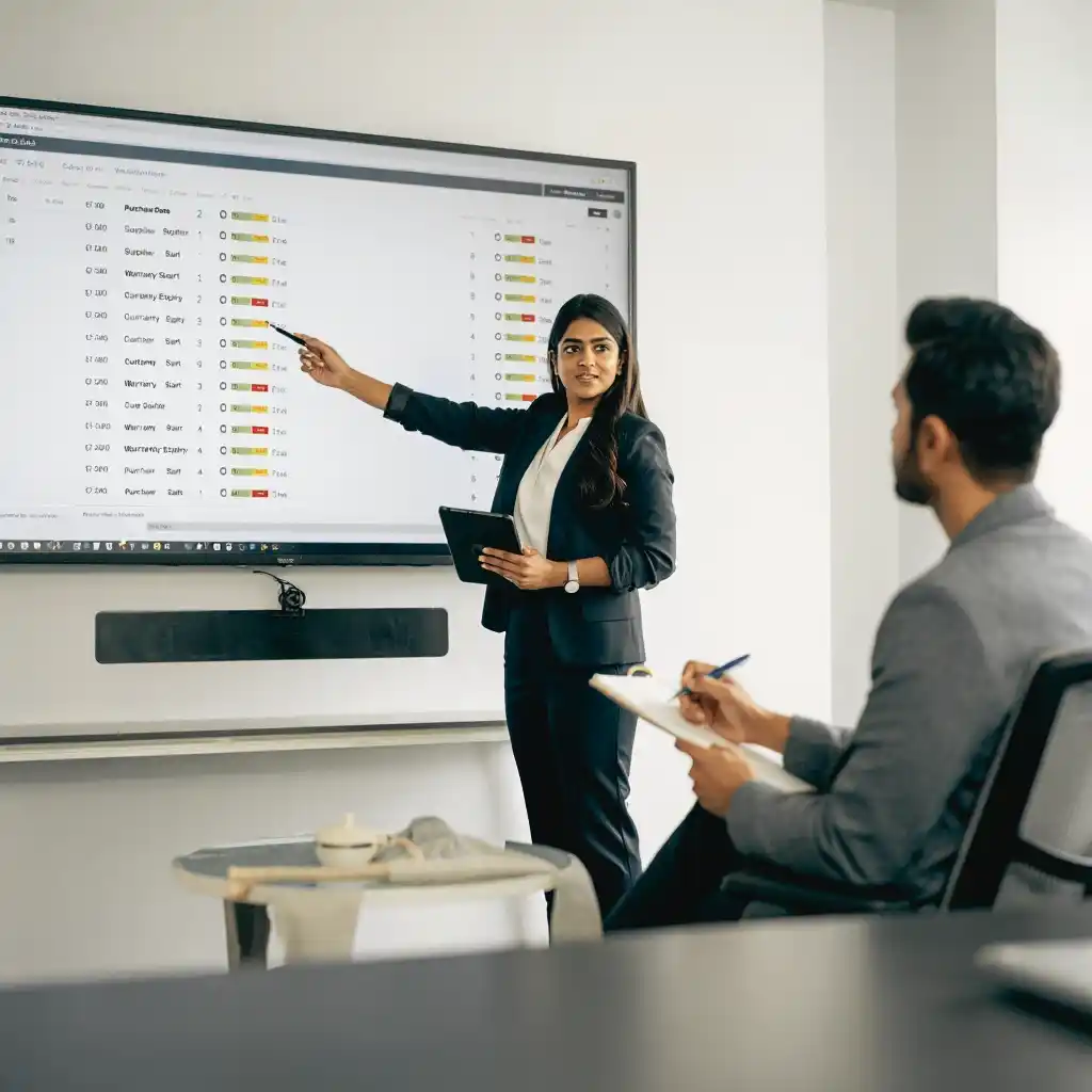 A presenter uses product-management-software on a large touchscreen to explain lifecycle stages and development goals to their attentive team.