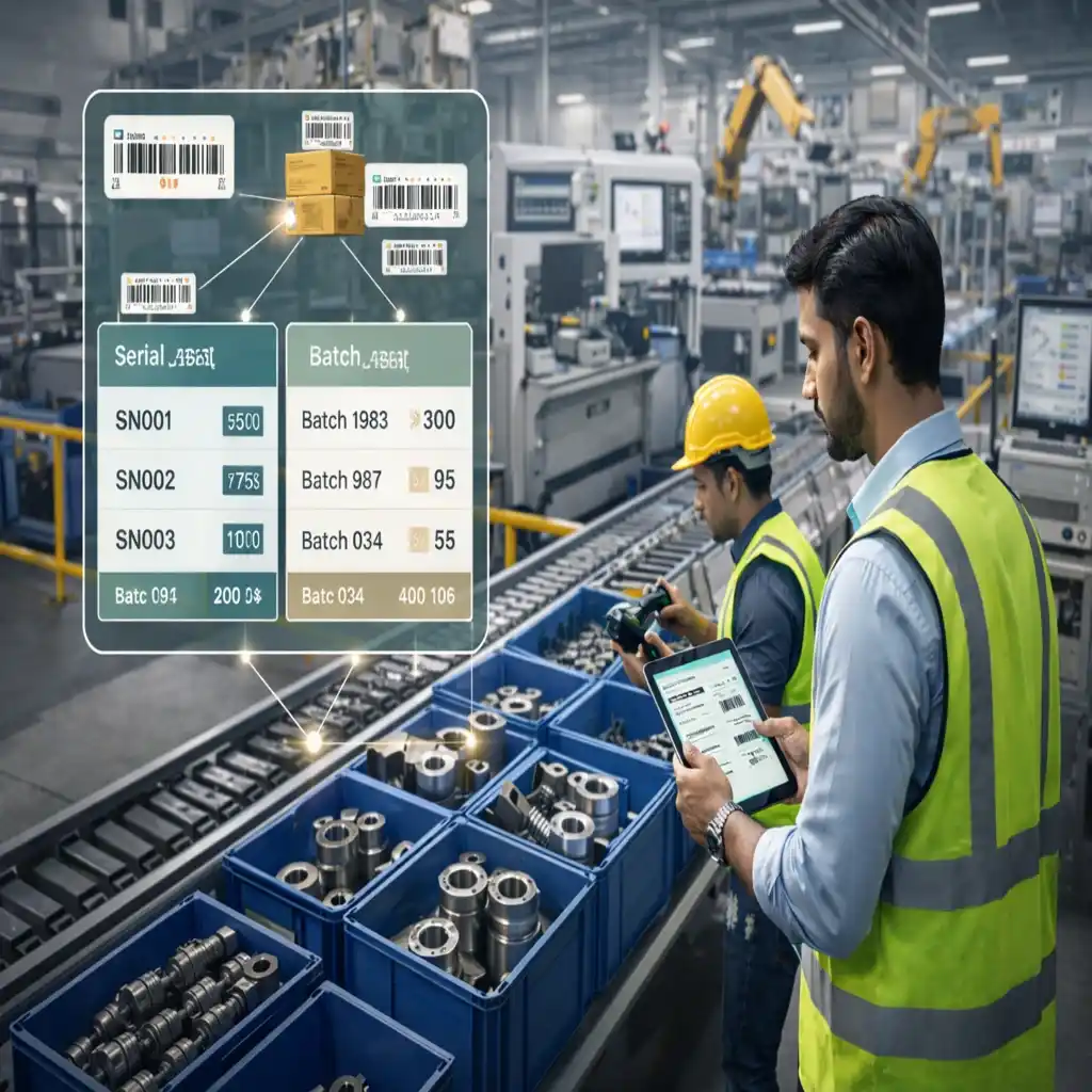 Advanced rfid-inventory-system visualization showing digital tags over industrial parts, allowing for automated and contactless asset tracking.