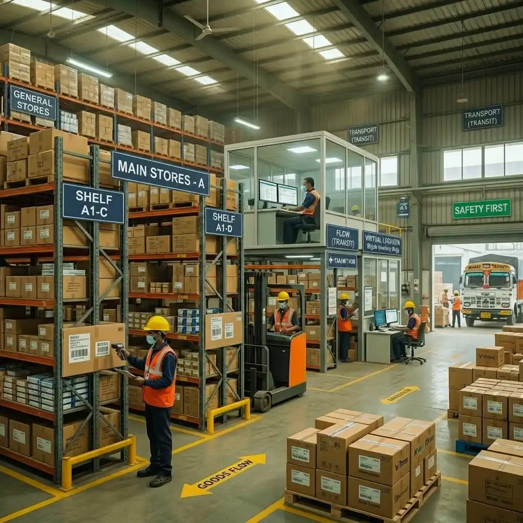 High-angle view of a large logistics hub utilizing warehouse-management-software to optimize shelving, forklift routes, and order processing.