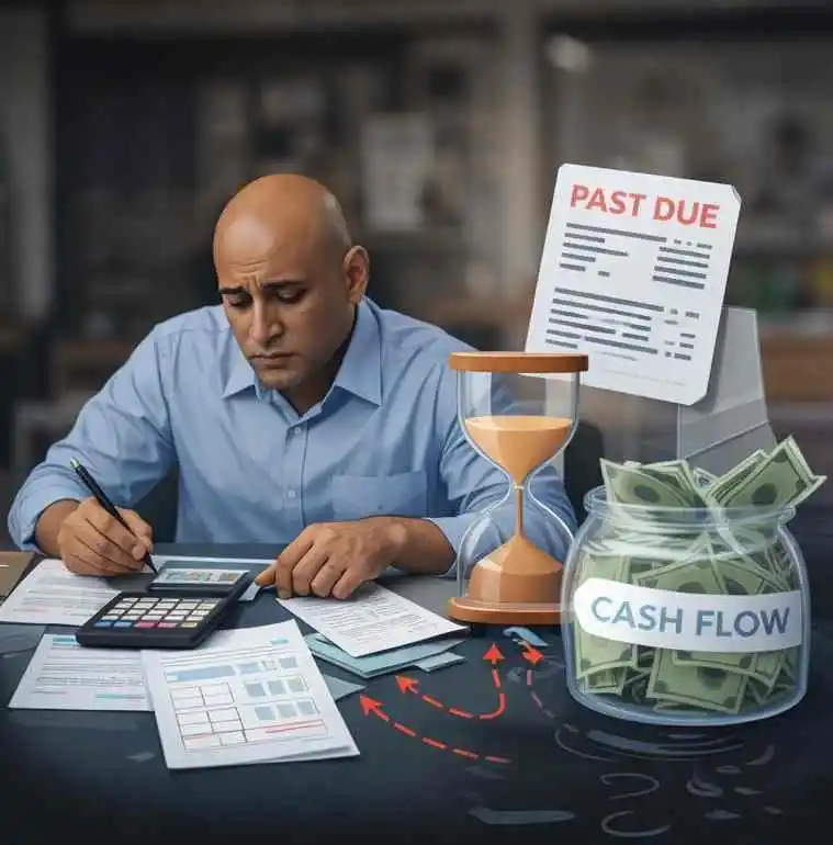 Man using a calculator next to an hourglass and cost management software display.