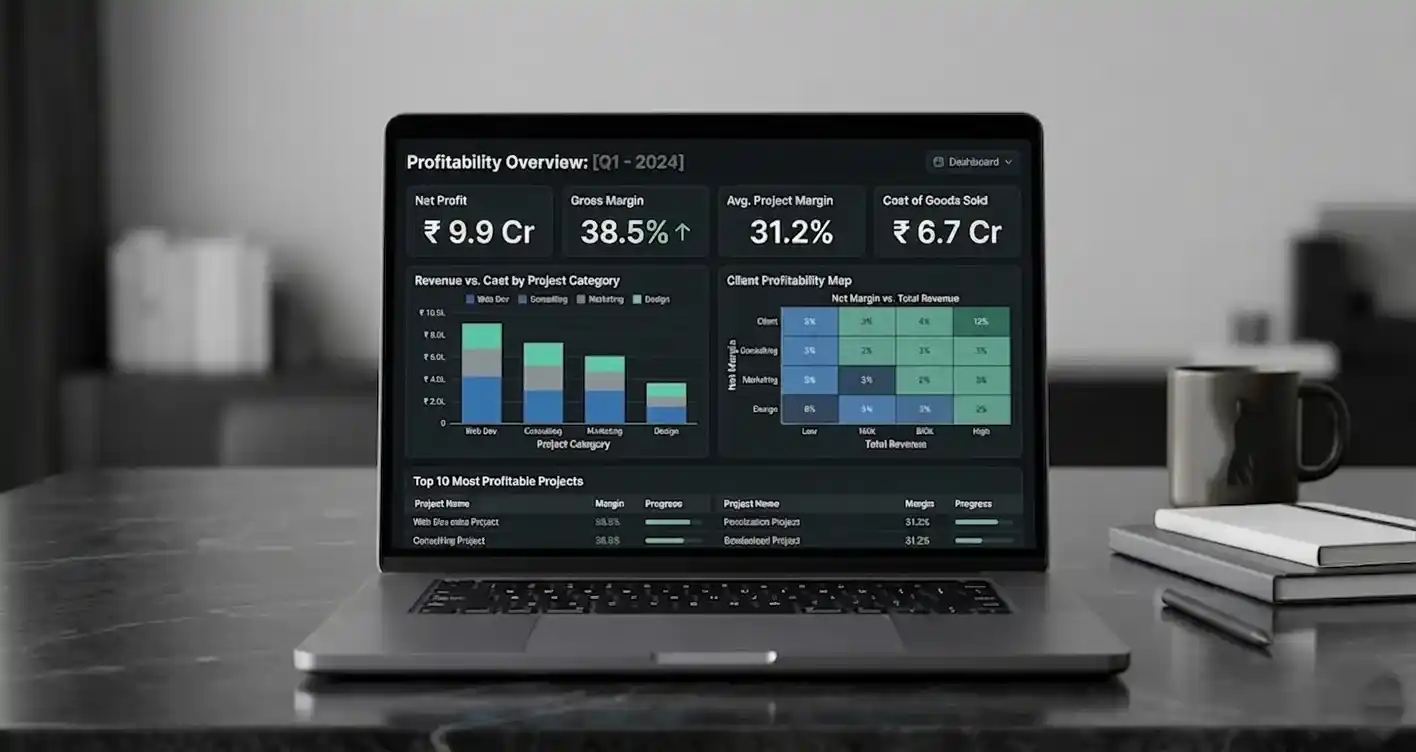 Laptop screen displaying a profitability-analysis dashboard with dark-themed financial charts and project margin data.