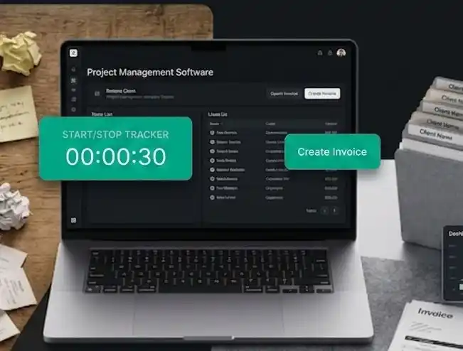 Sleek laptop displaying a dark-mode project dashboard with progress rings.
