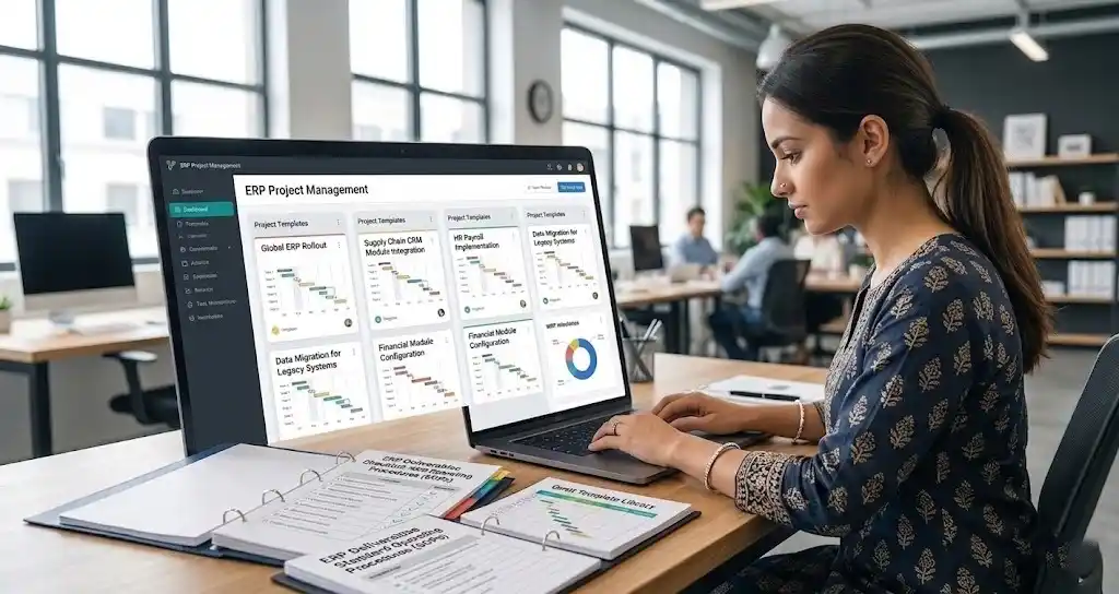 Woman working on a laptop at a desk using a project ERP system.