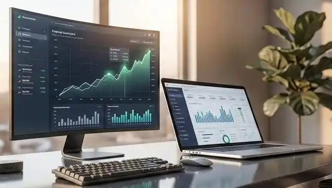 Dual screen setup running project profitability software with growth trends.