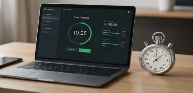 Laptop on a desk showing a time tracking software interface with a clock.