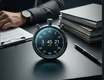 Close-up of a stopwatch next to documents representing time tracking.