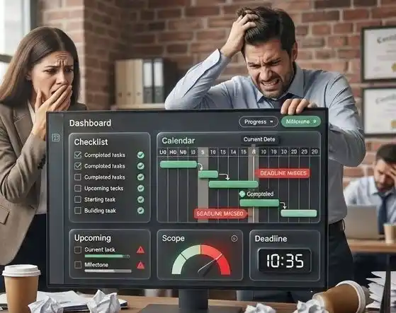 Stressed team members looking at a screen for tracking deadlines and schedules.