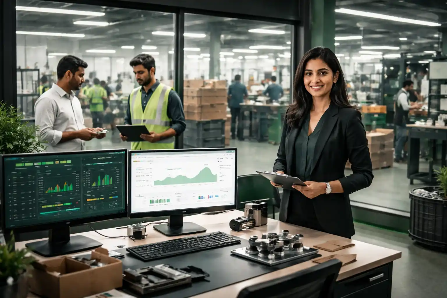 Managers overseeing operations using job management software with real-time data dashboards in a modern industrial workspace.